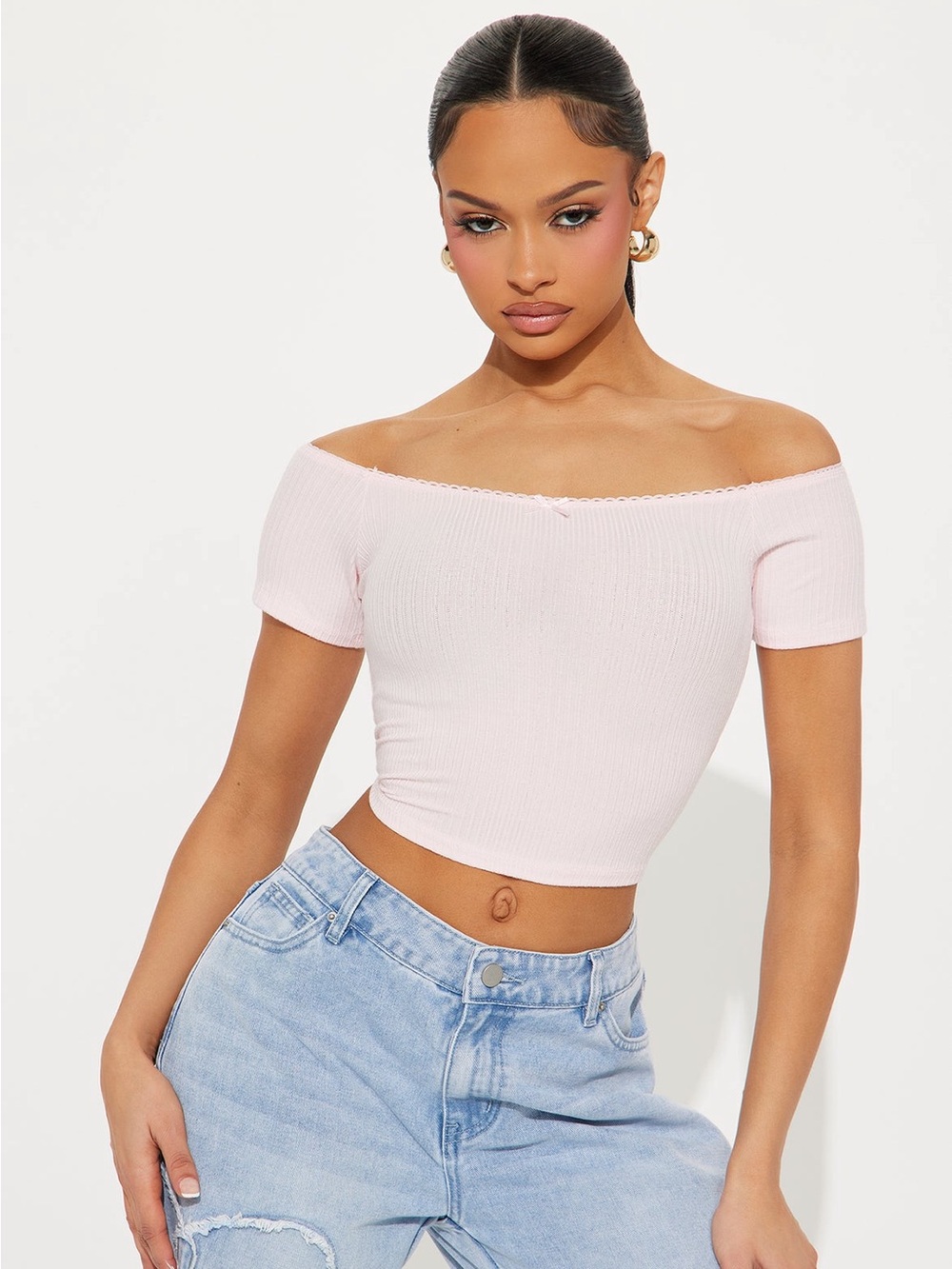 Fashion Nova Blush Off-Shoulder Ribbed Crop Top